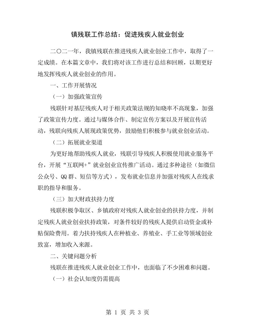 镇残联工作总结：促进残疾人就业创业