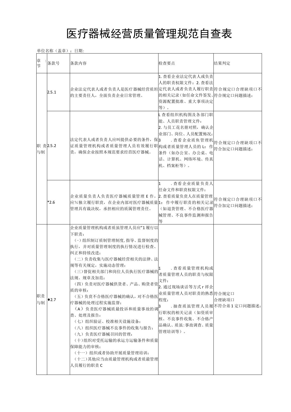 医疗器械经营质量管理规范自查表