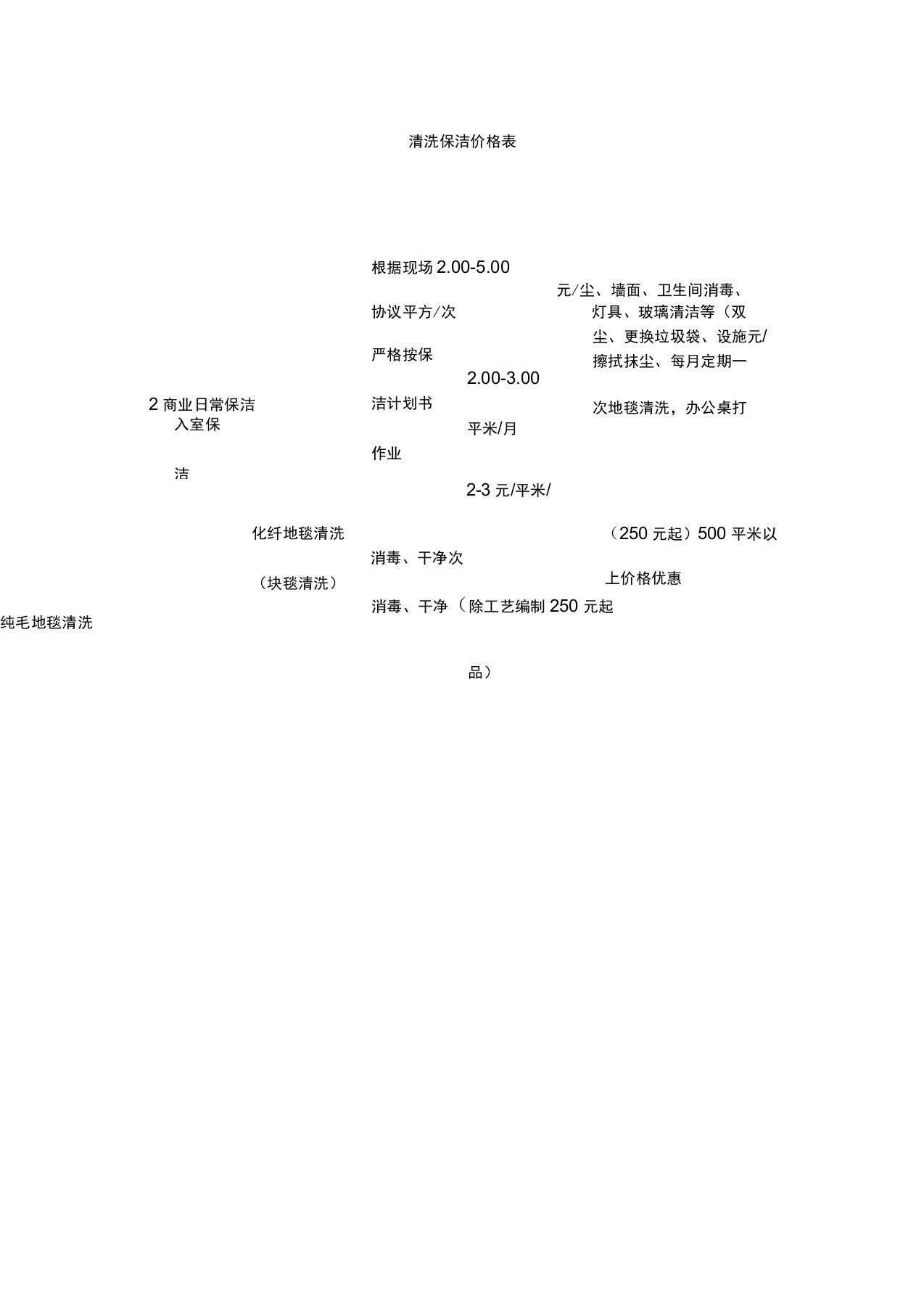 清洗保洁价格表