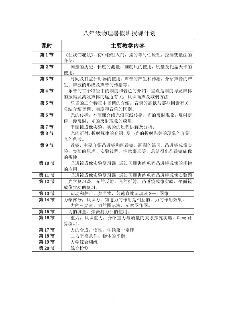 八年级物理暑假班计划