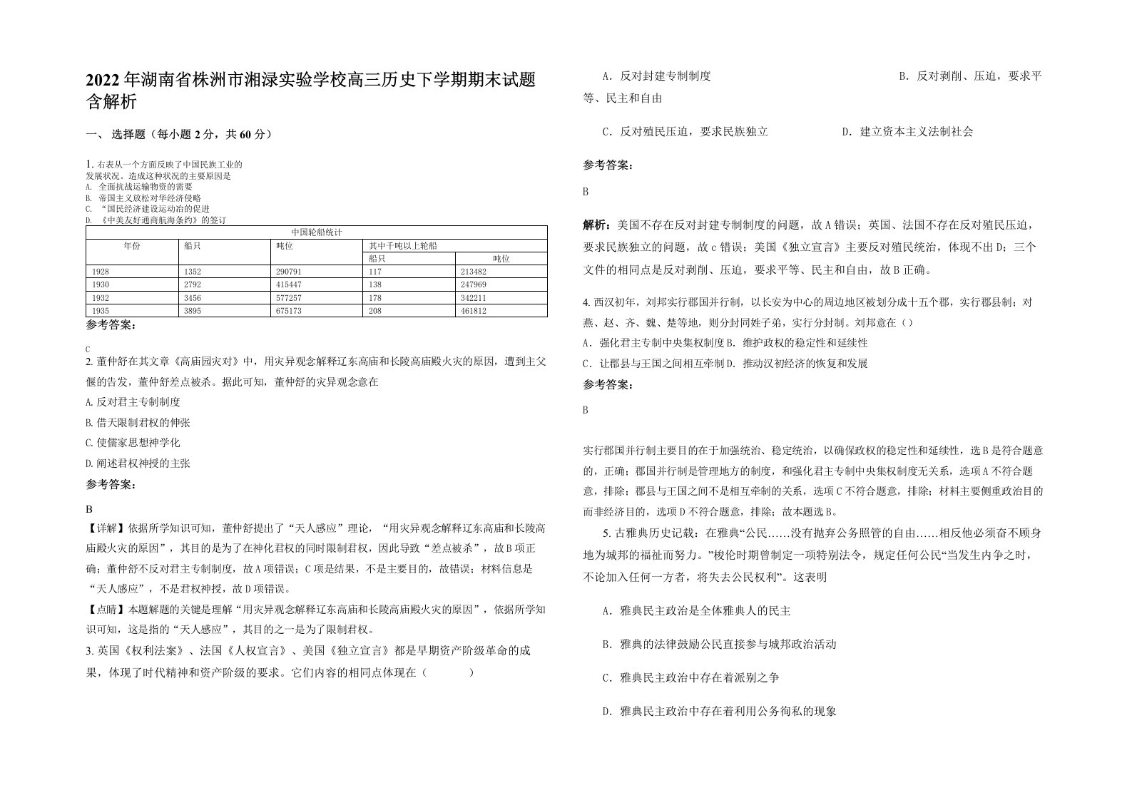 2022年湖南省株洲市湘渌实验学校高三历史下学期期末试题含解析