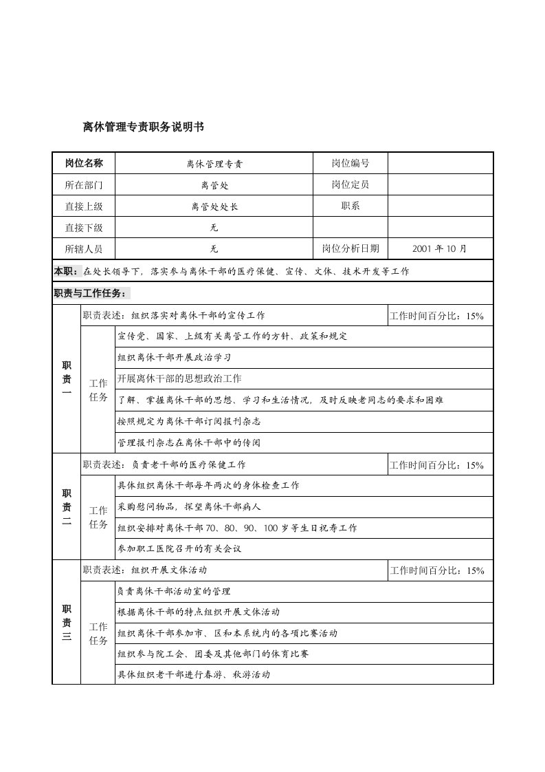 航材院离管处离休管理专责职务说明书