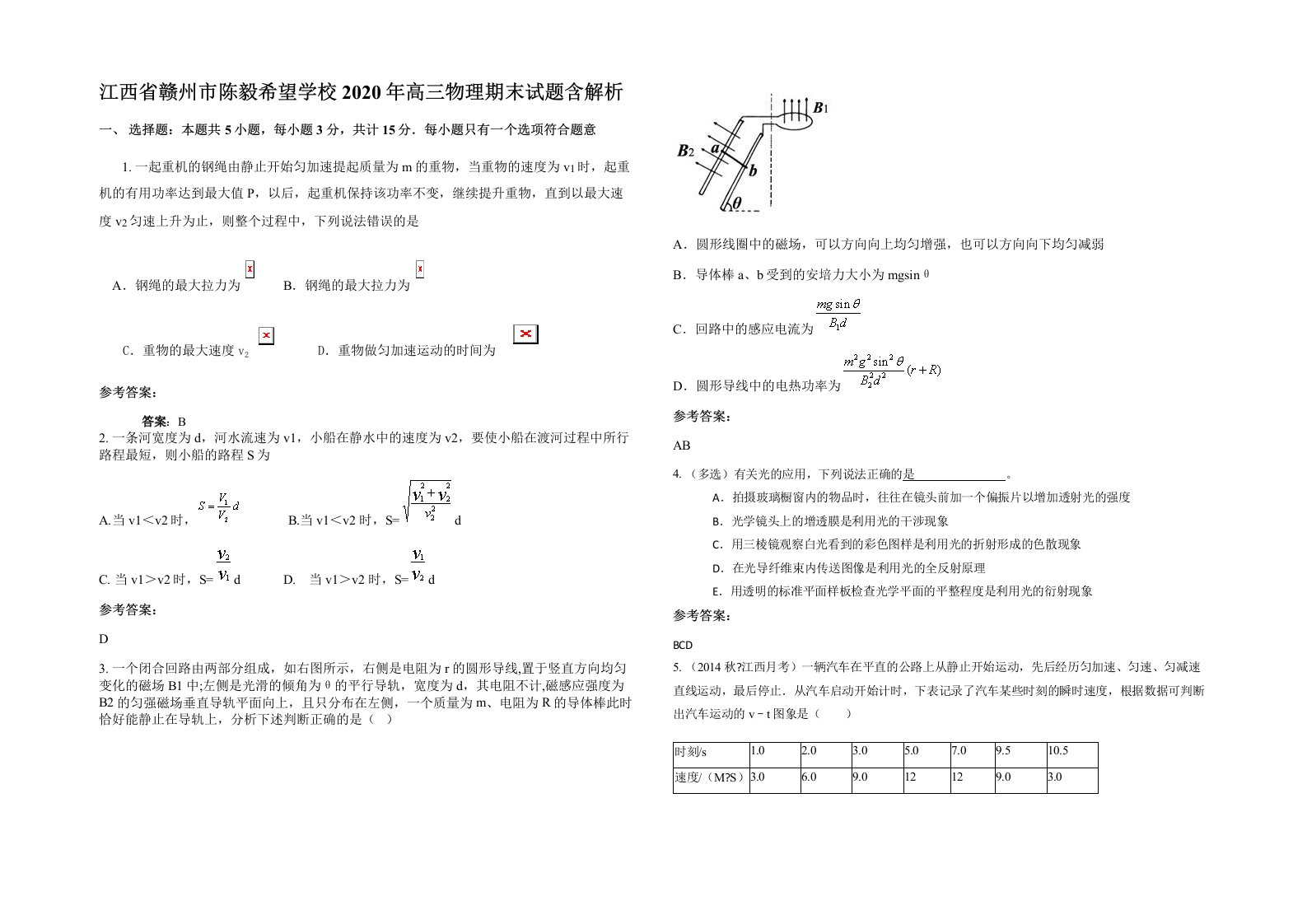 江西省赣州市陈毅希望学校2020年高三物理期末试题含解析