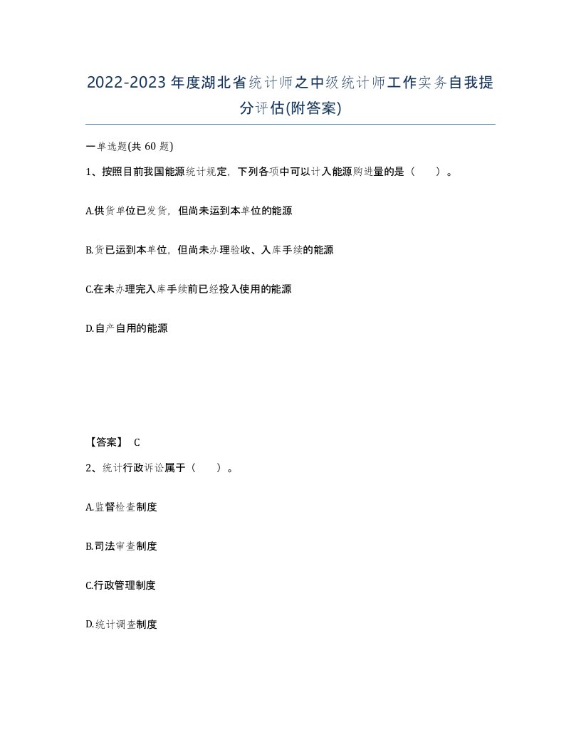 2022-2023年度湖北省统计师之中级统计师工作实务自我提分评估附答案