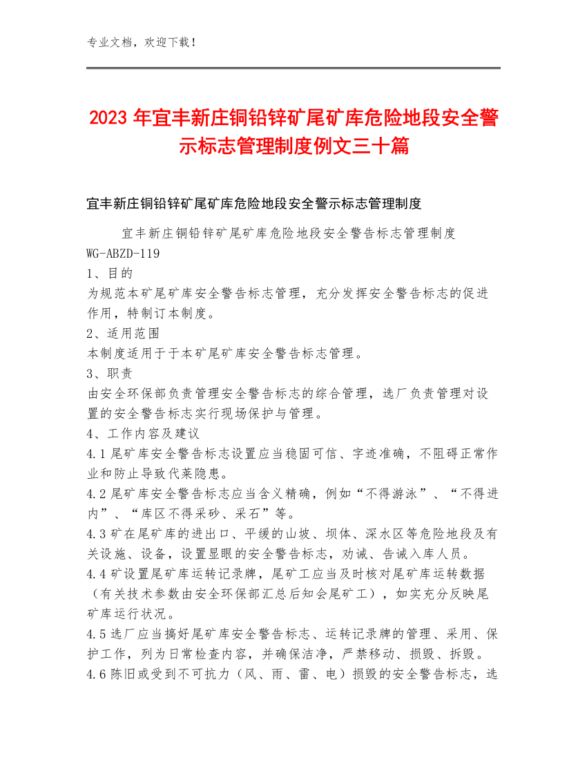 2023年宜丰新庄铜铅锌矿尾矿库危险地段安全警示标志管理制度例文三十篇