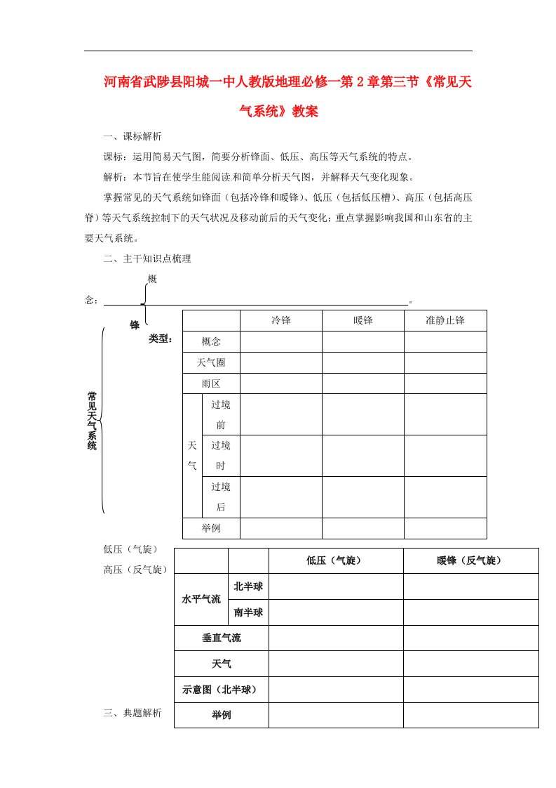 人教版高中地理必修一第2章第三节《常见天气系统》