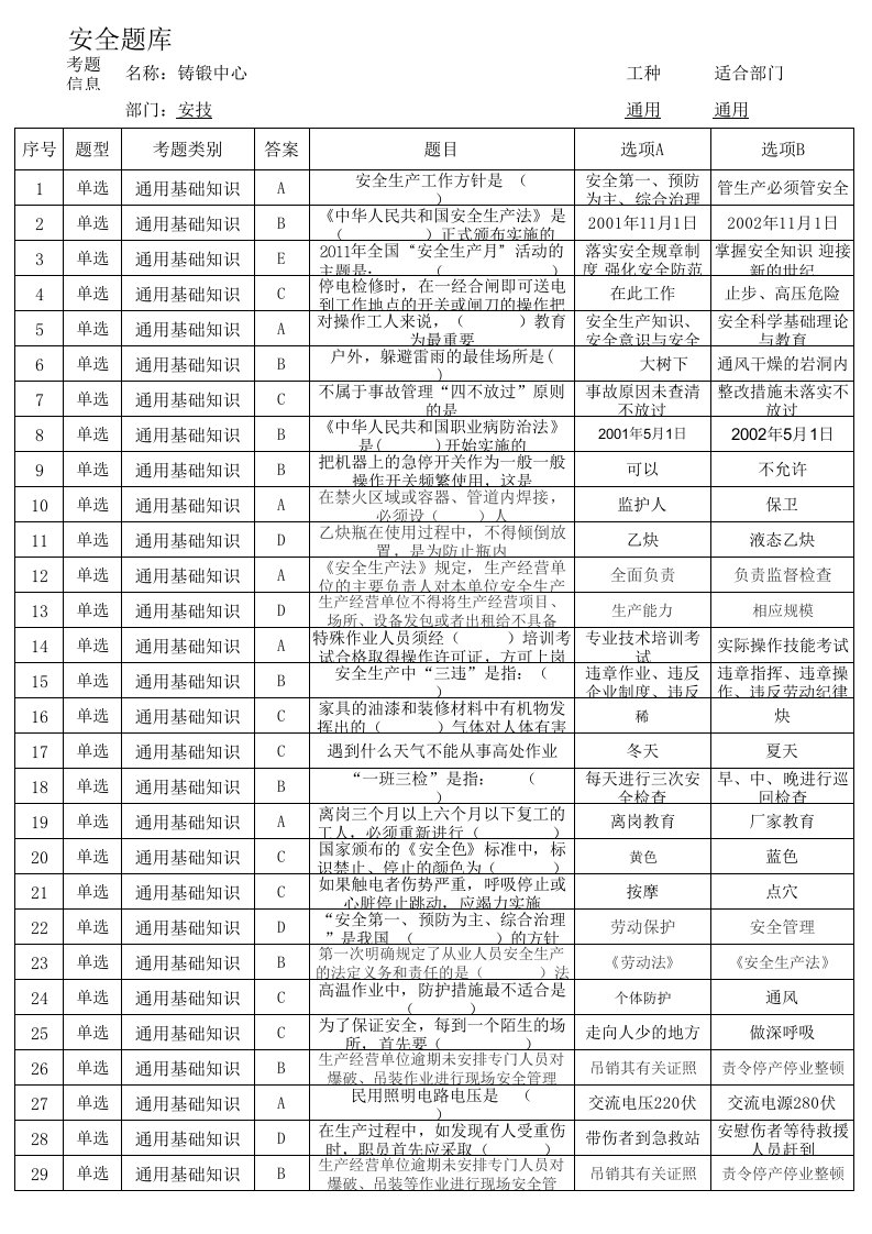 锻造行业安全题库