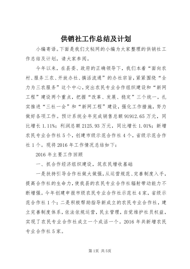 供销社工作总结及计划