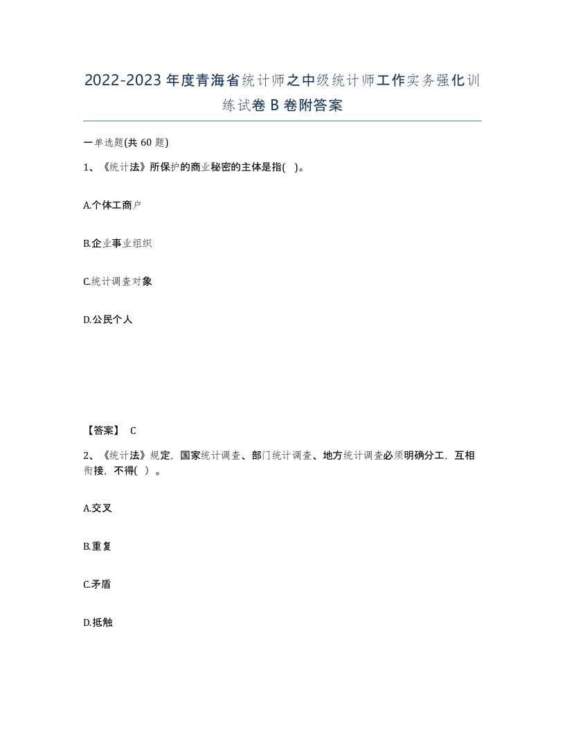 2022-2023年度青海省统计师之中级统计师工作实务强化训练试卷B卷附答案