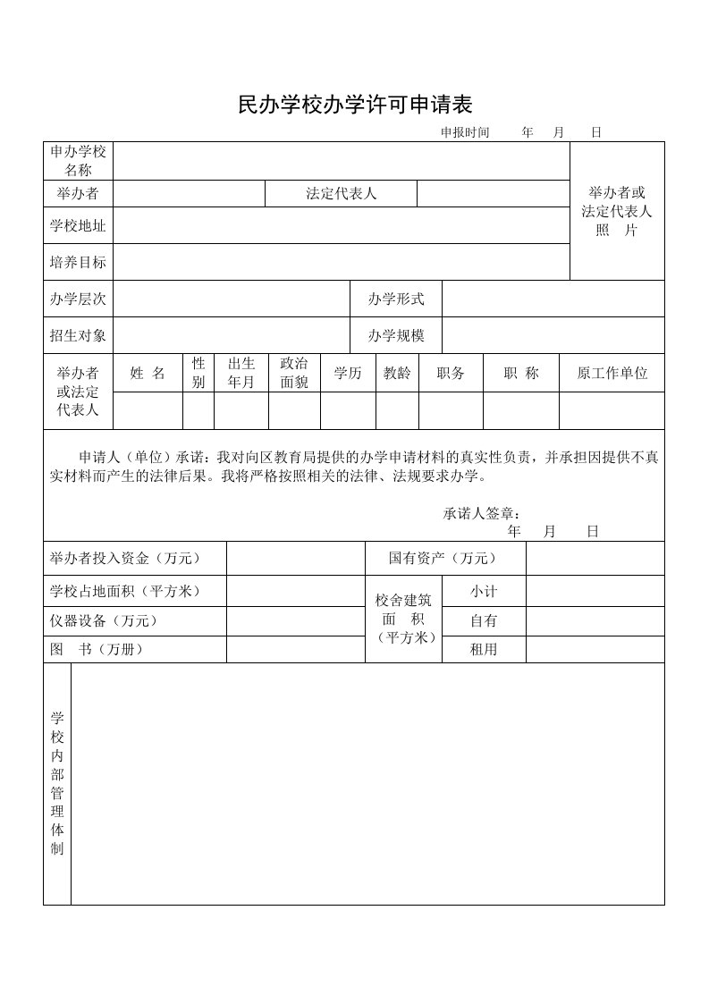 民办学校办学许可申请表