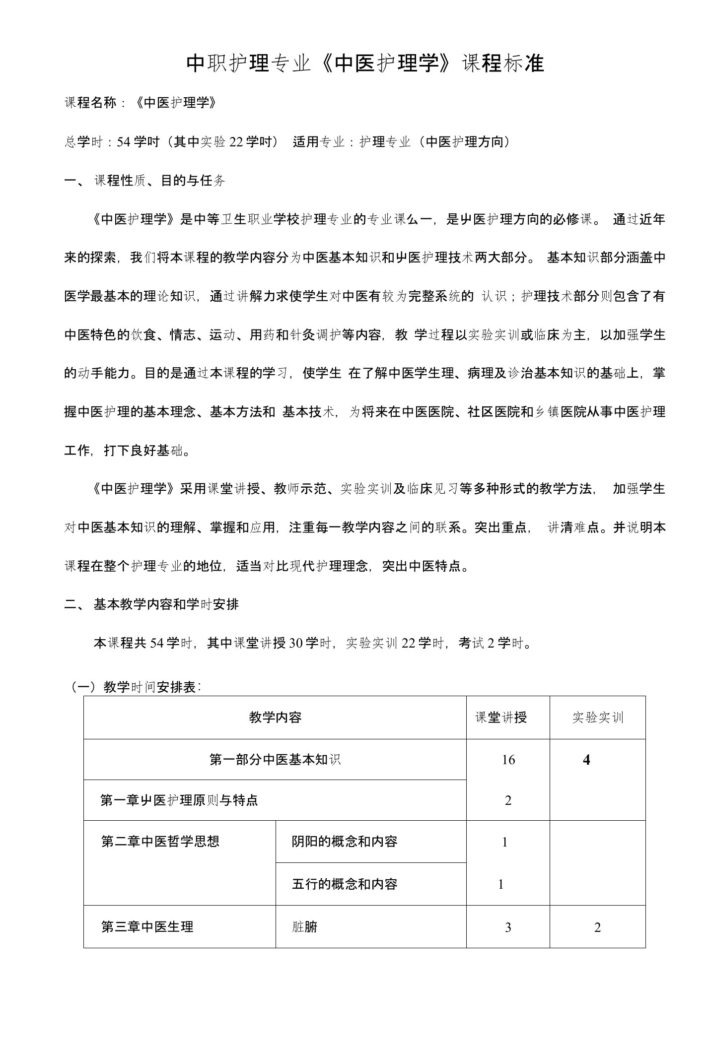 中医护理学课程标准