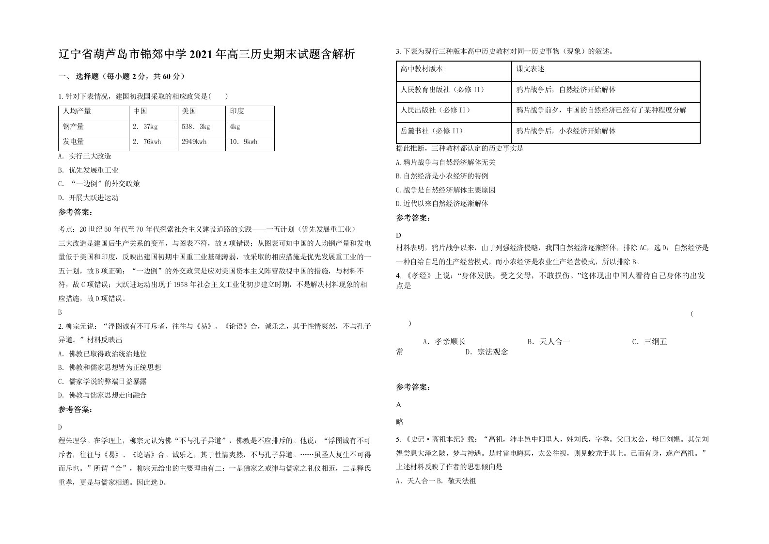 辽宁省葫芦岛市锦郊中学2021年高三历史期末试题含解析