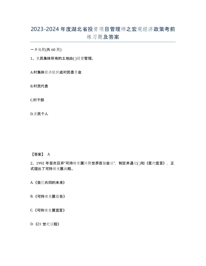 2023-2024年度湖北省投资项目管理师之宏观经济政策考前练习题及答案