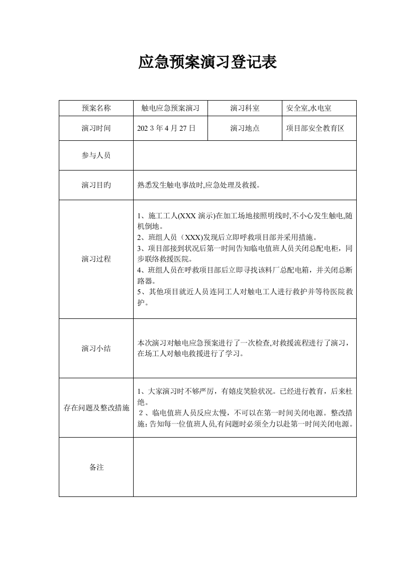 2023年触电应急预案演练记录表