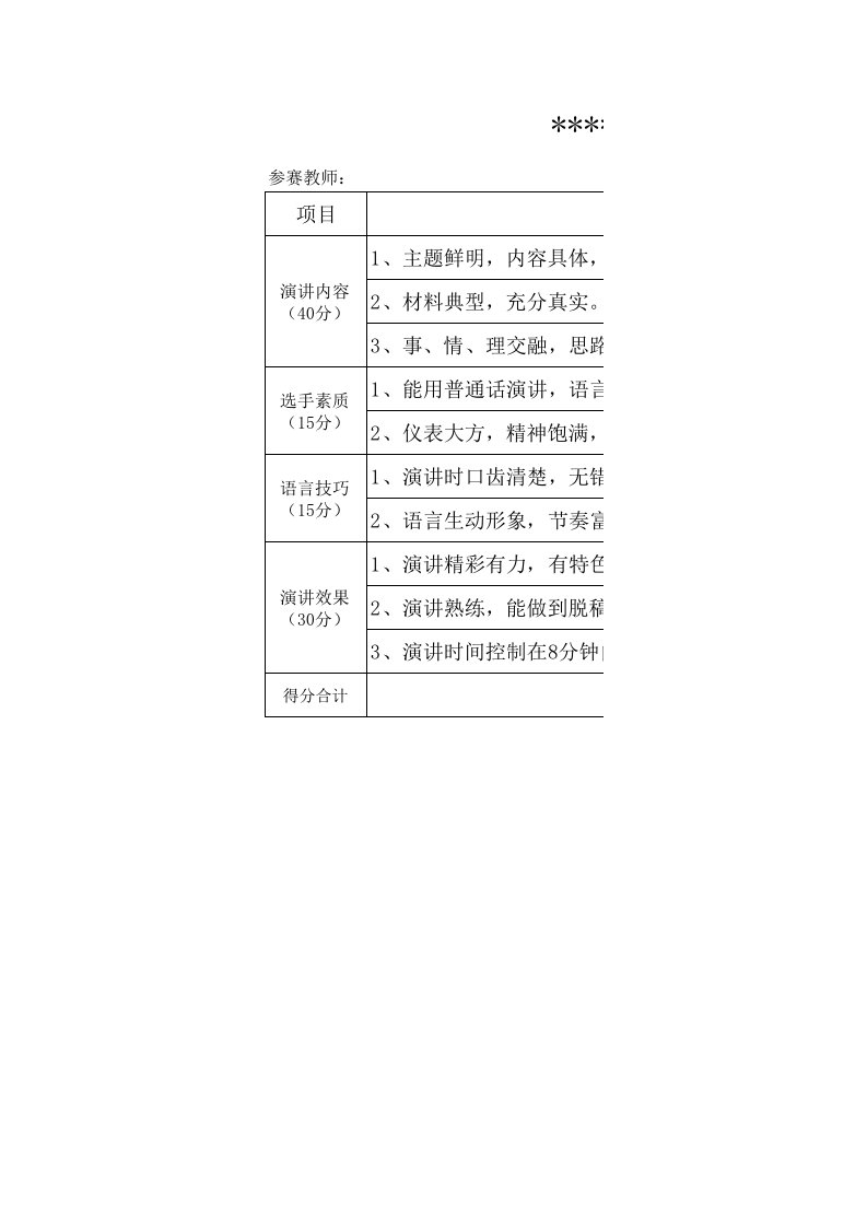 师德师风演讲比赛评分表