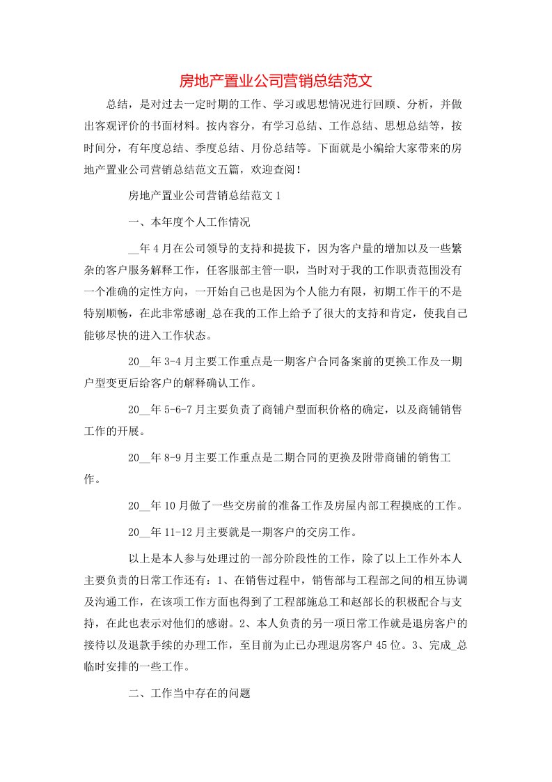 房地产置业公司营销总结范文