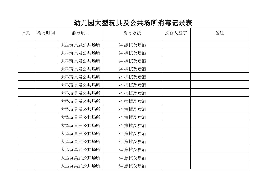 幼儿园大型玩具及公共场所消毒记录表