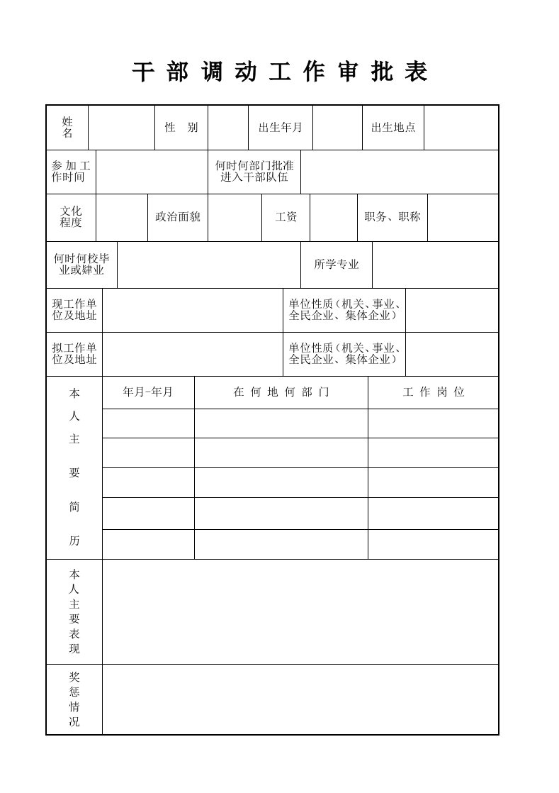 干部调动工作审批表格