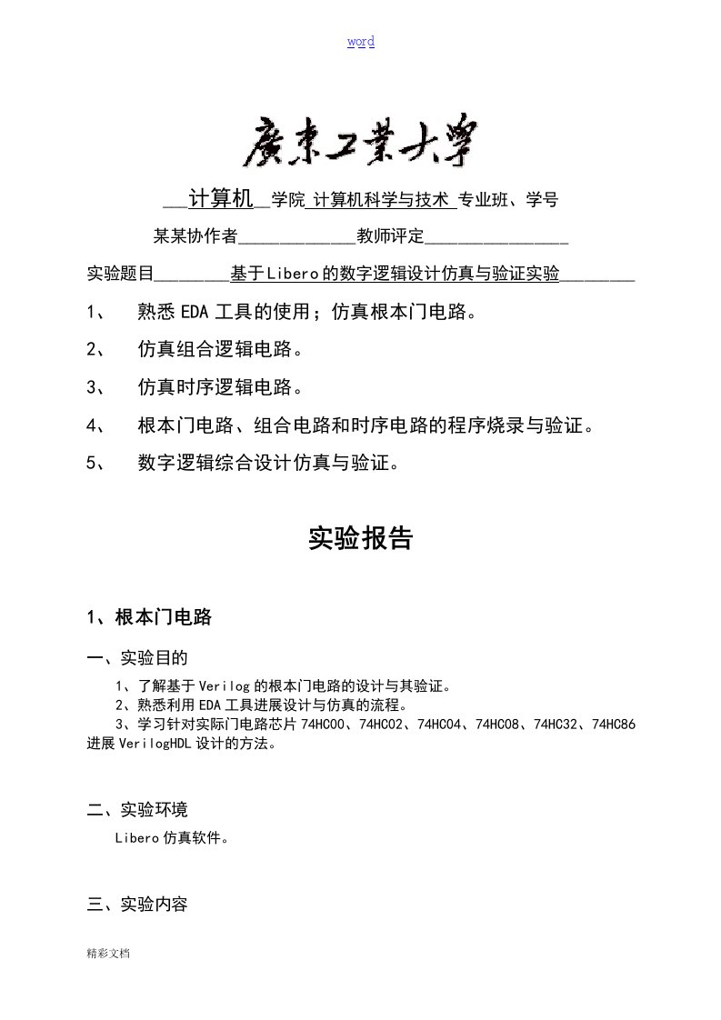 基于某Libero地数字逻辑设计仿真及验证实验报告材料