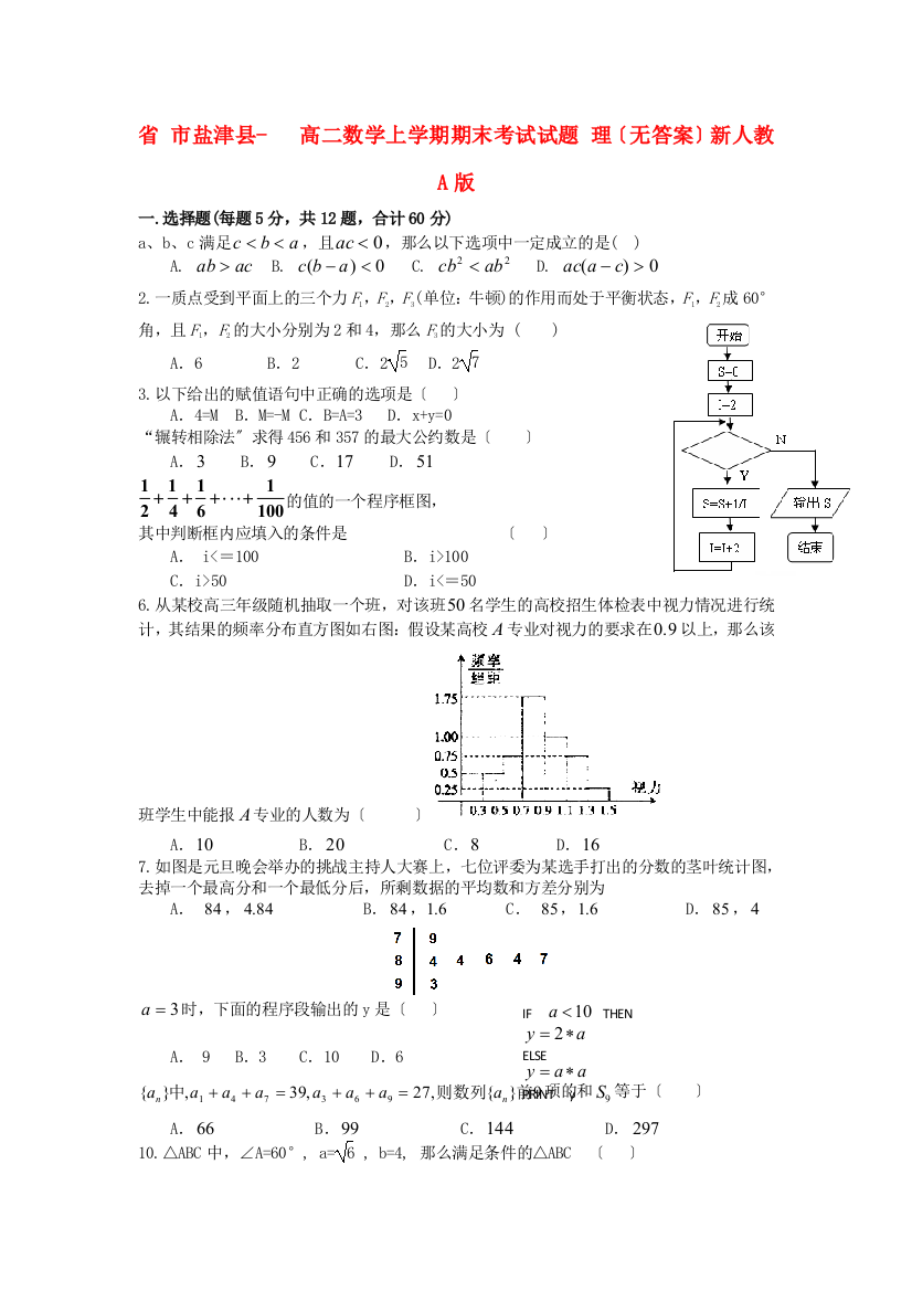 （整理版）市盐津县高二数学上学期期末考试试题