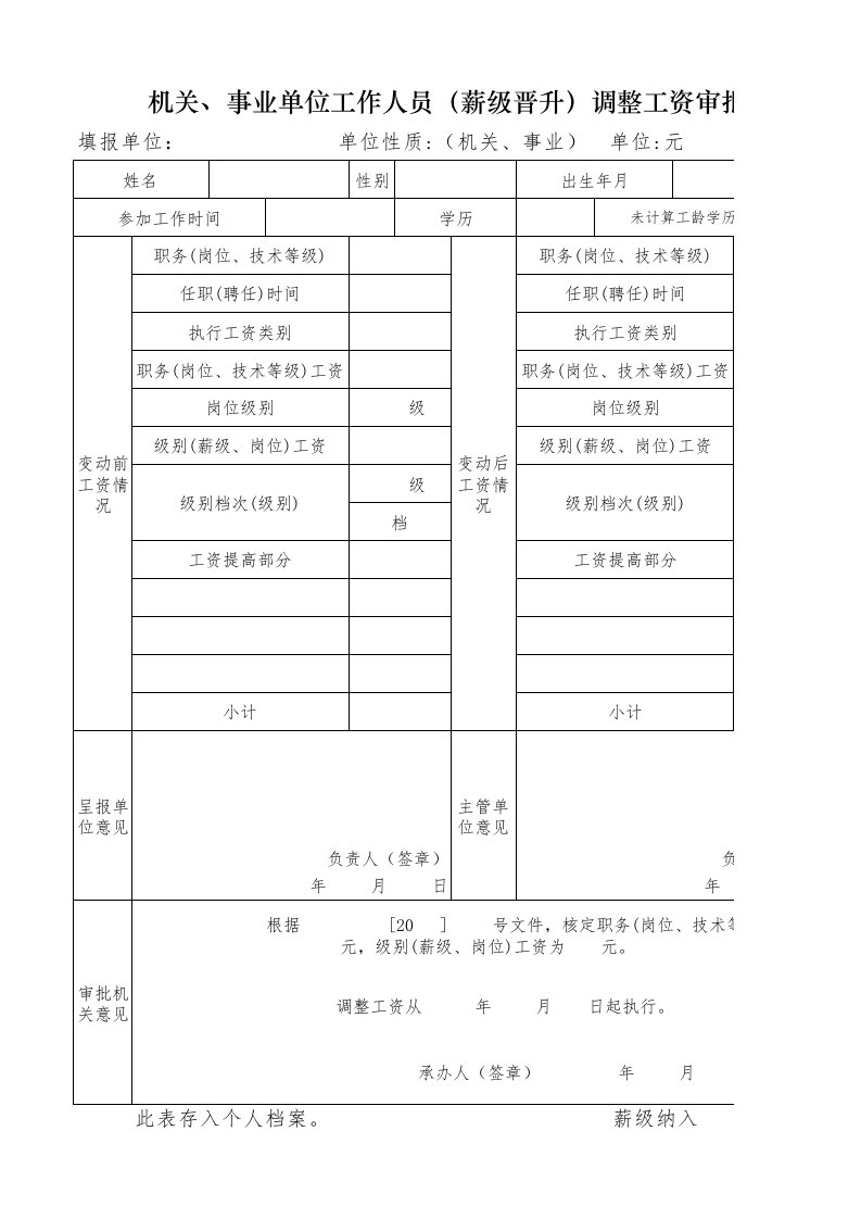 机关、事业单位工作人员(薪级晋升)调整工资审批表