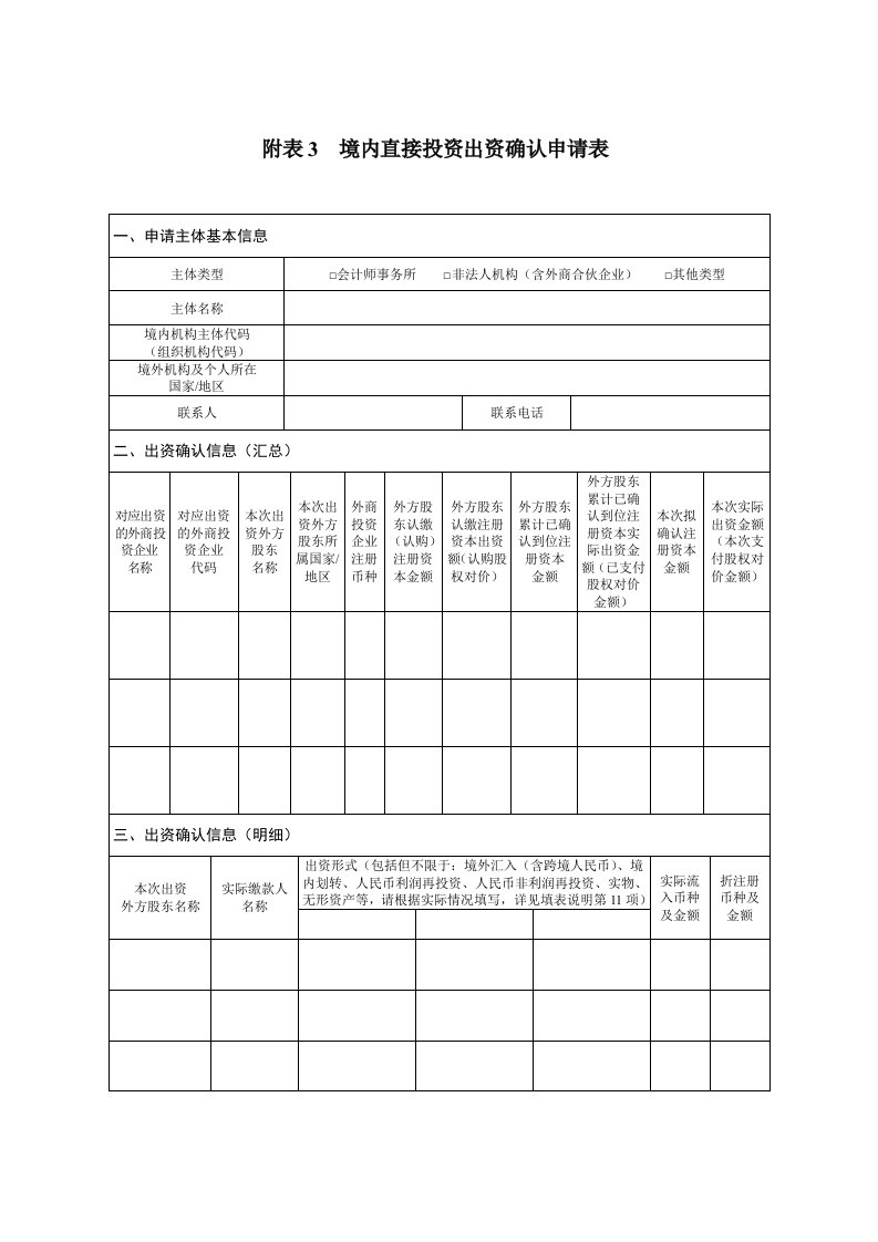 附表3境内直接投资出资确认申请表