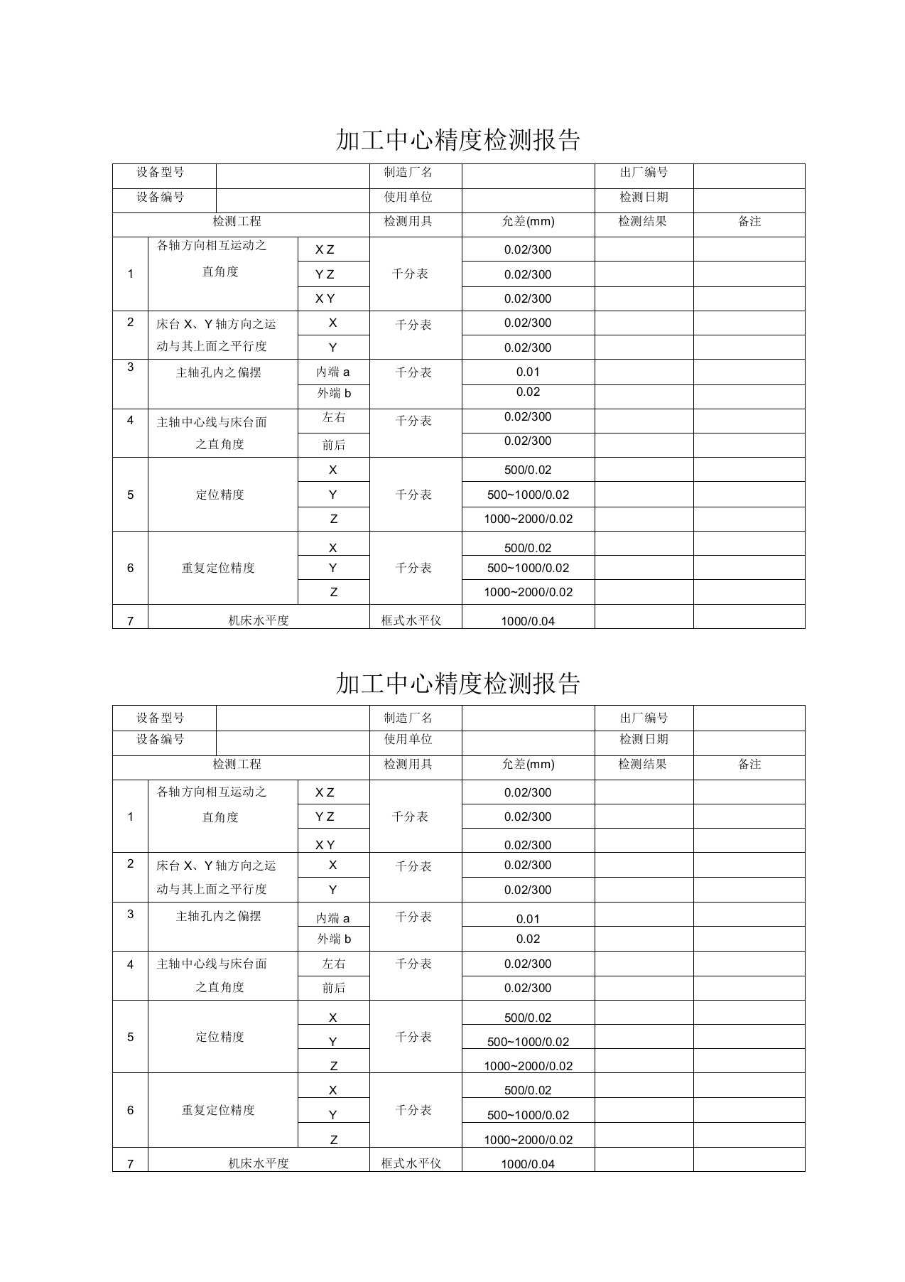 加工中心精度检测报告