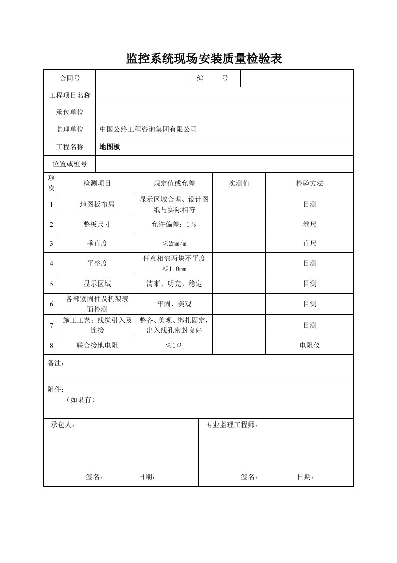 监控系统现场安装质量检验表