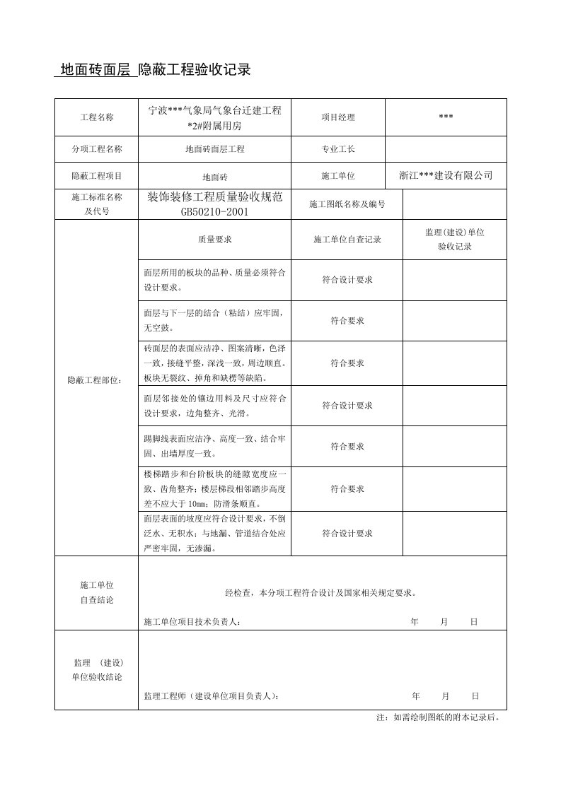 装饰装修隐蔽工程验收记录表(全套范例)