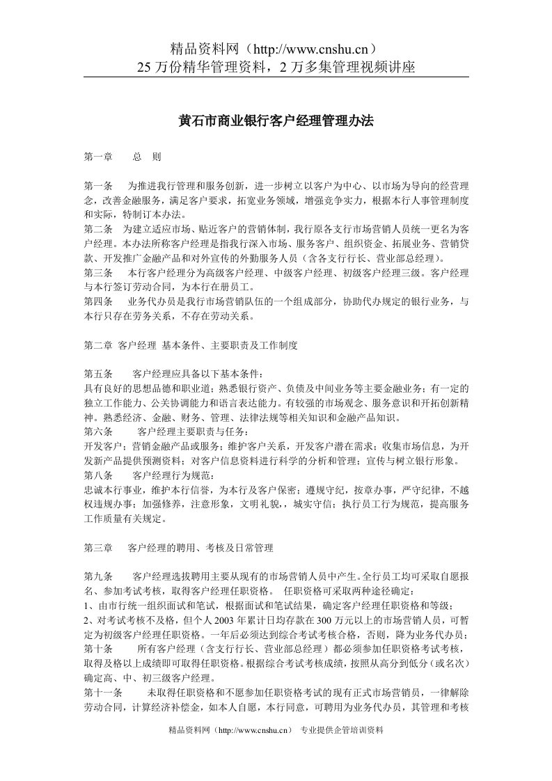 某市商业银行客户经理管理办法