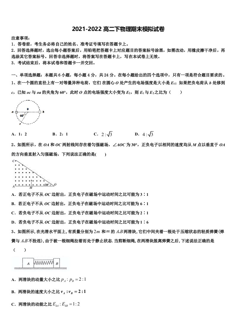 上海市华东师大二附中2022年高二物理第二学期期末复习检测试题含解析