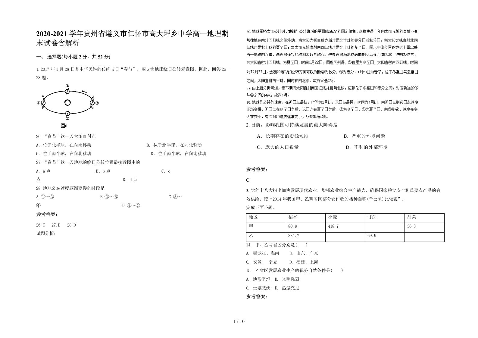 2020-2021学年贵州省遵义市仁怀市高大坪乡中学高一地理期末试卷含解析