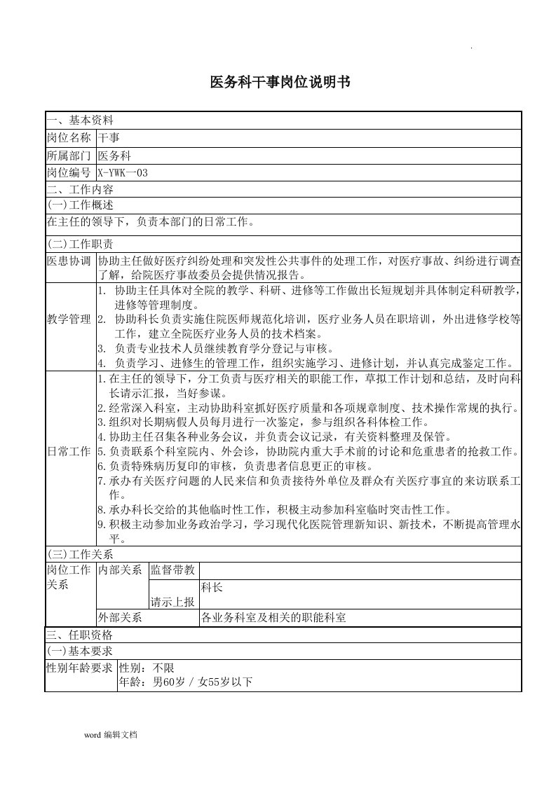 医院医务科干事岗位说明书