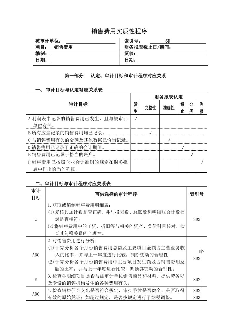 销售费用实质性程序