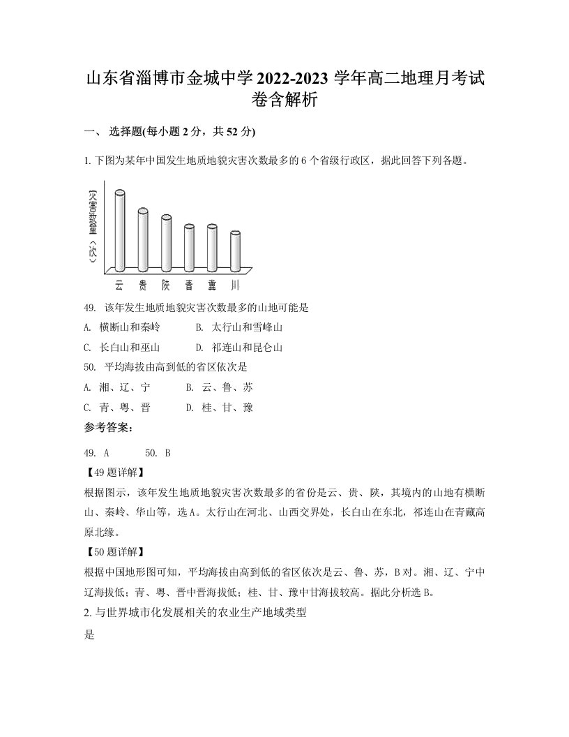 山东省淄博市金城中学2022-2023学年高二地理月考试卷含解析