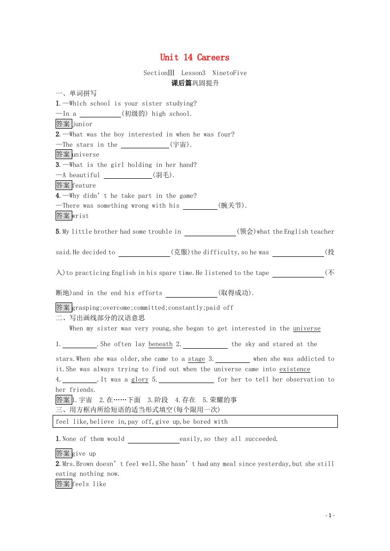 2021_2022学年高中英语Unit14CareersSectionⅢLesson3NinetoFive课后篇巩固提升含解析北师大版必修5