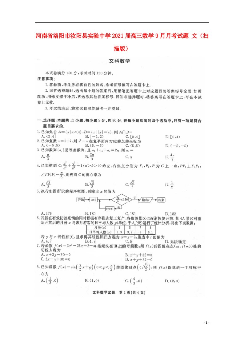 河南省洛阳市汝阳县实验中学2021届高三数学9月月考试题文扫描版