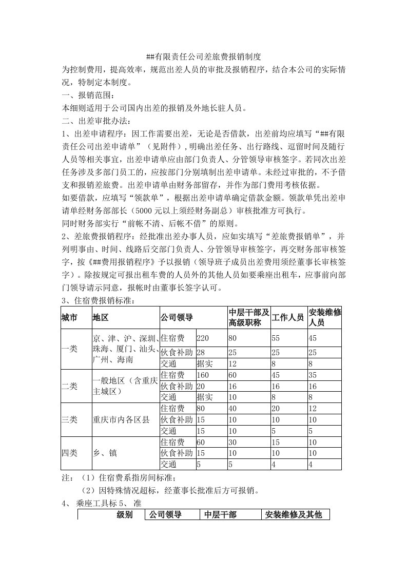 管理制度-有限责任公司差旅费报销制度