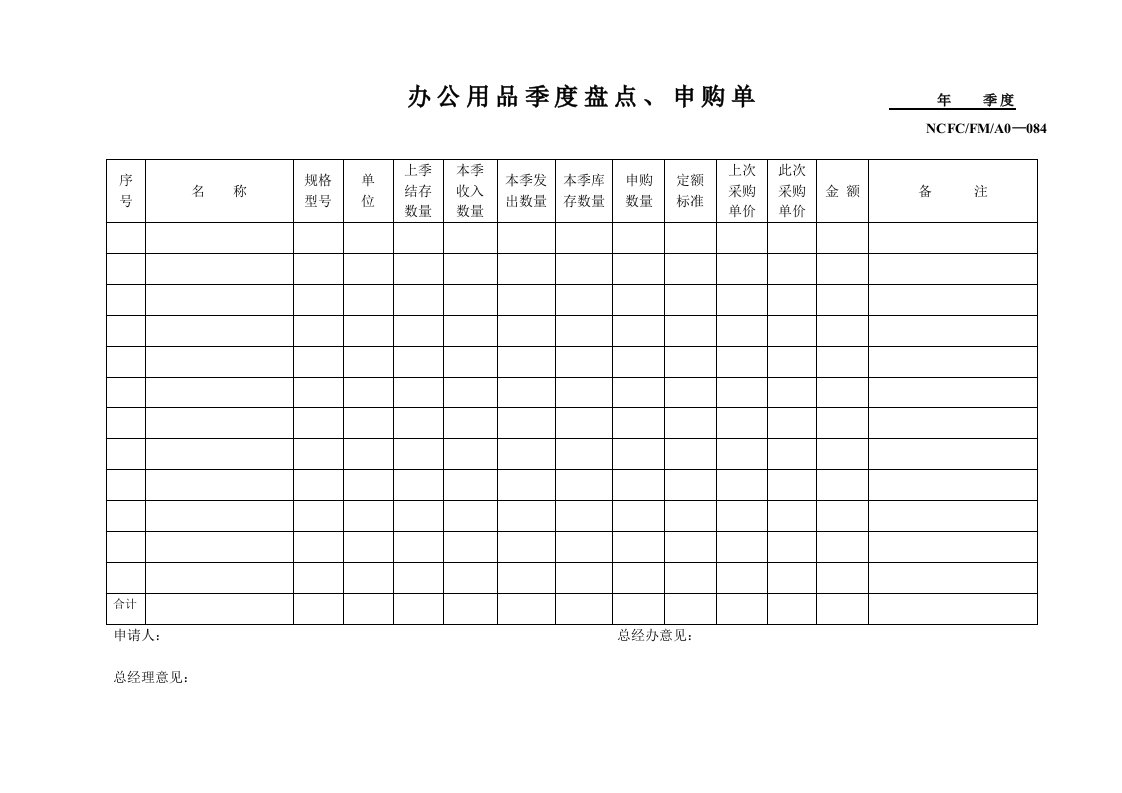 精选084办公用品季度盘点申购单