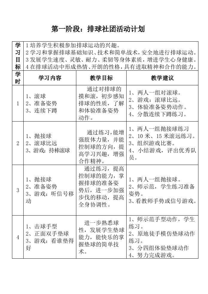 排球社团活动课划及教案16课