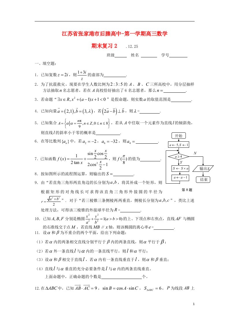 江苏省张家港市后塍高中高三数学期末复习试题（二）苏教版