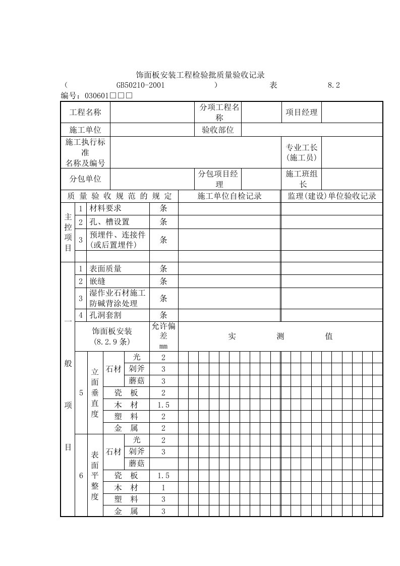 饰面板安装工程检验批质量验收记录