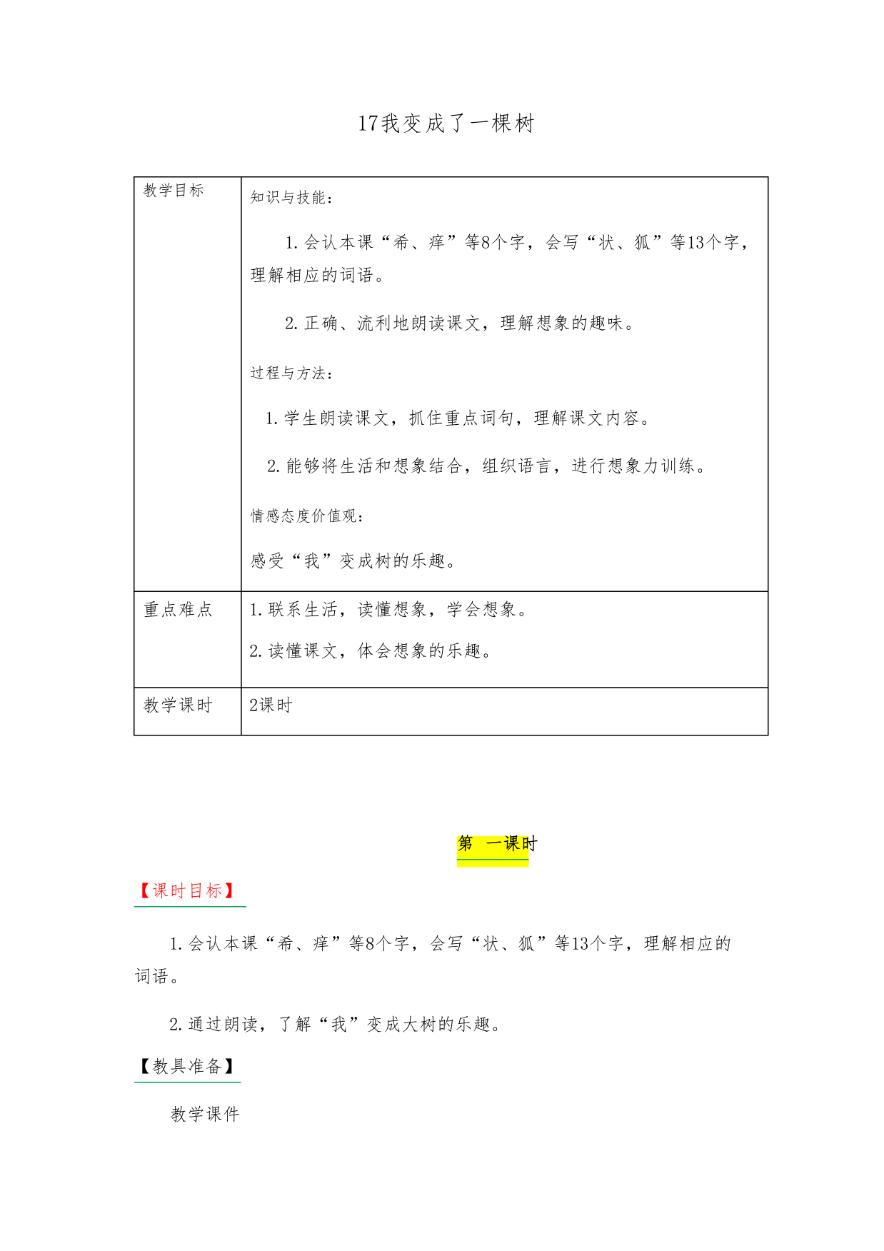 人教版三年级语文-《17我变成了一棵树》表格式教学设计+备课素材+课后作业(含答案)