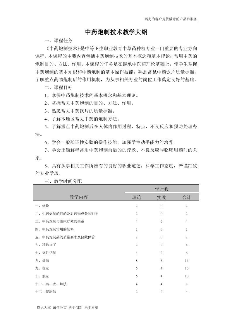 中药炮制技术教学大纲