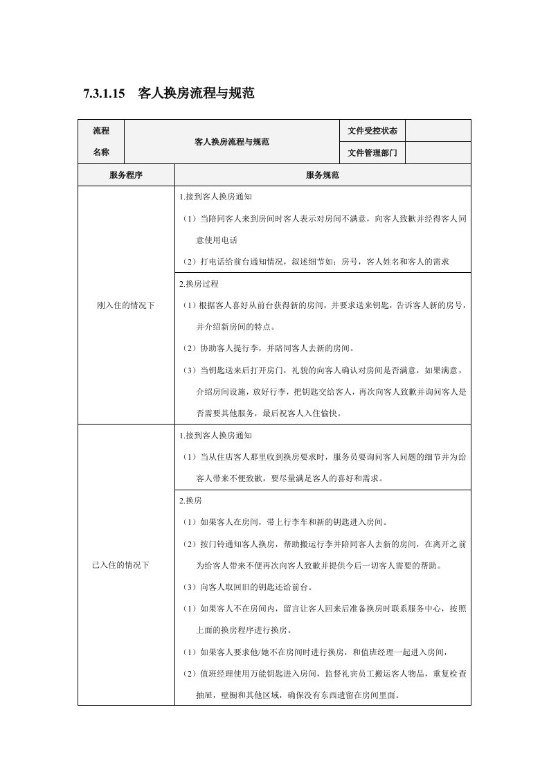 客人换房流程与规范