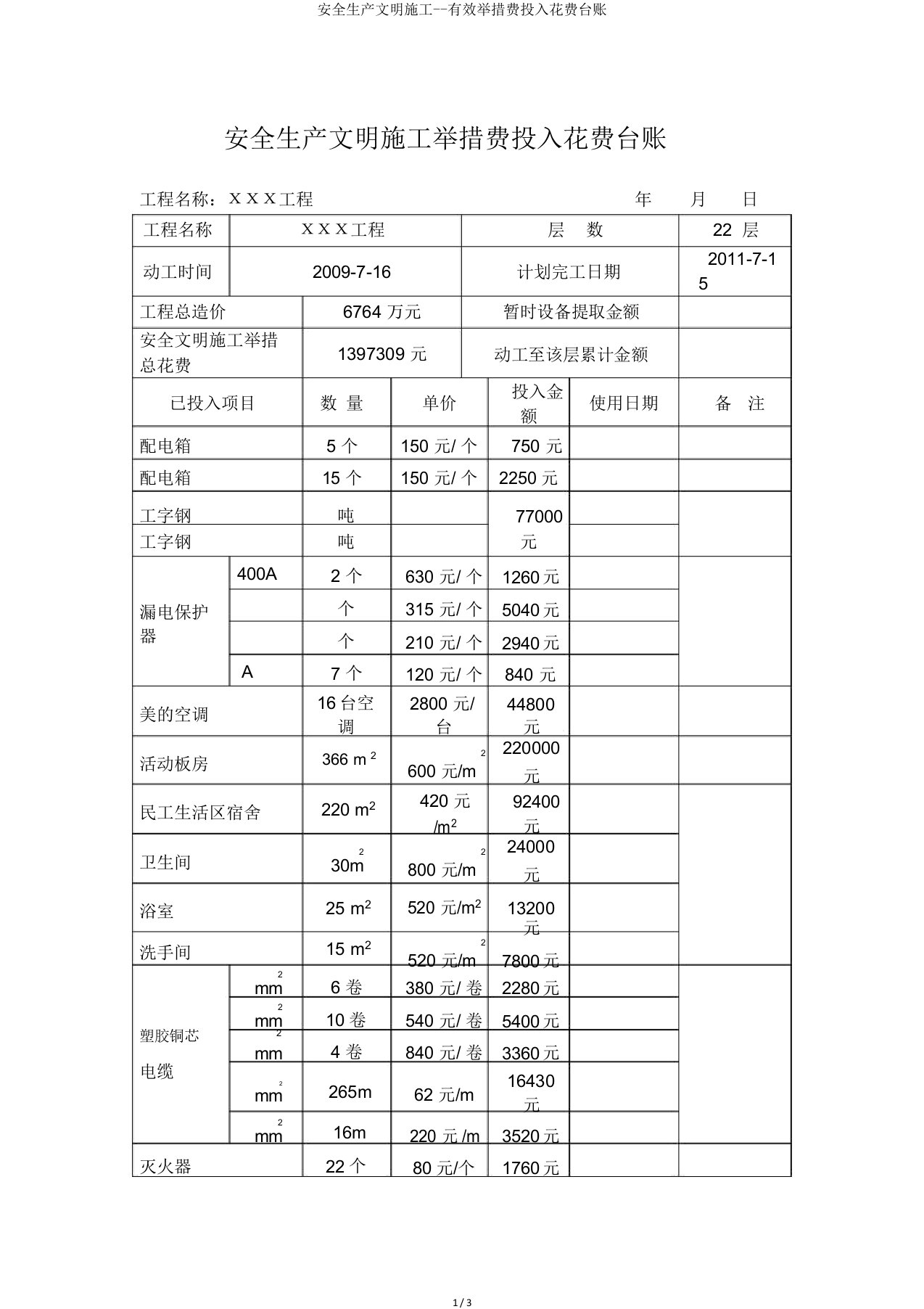 安全生产文明施工措施费投入费用台账