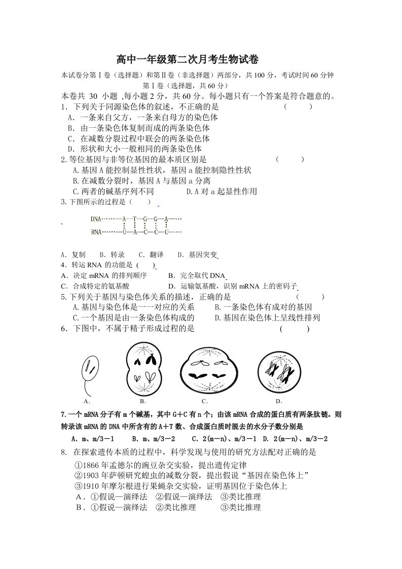 高中一年级第二次月考生物试卷