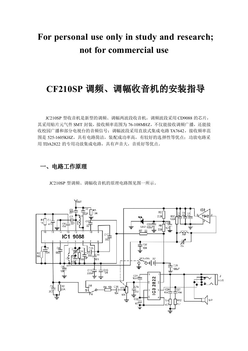 CF210SP调频、调幅收音机安装指导