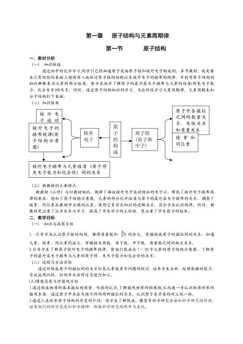 高中化学：新课标鲁教版必修二第一章第一节原子结构教案