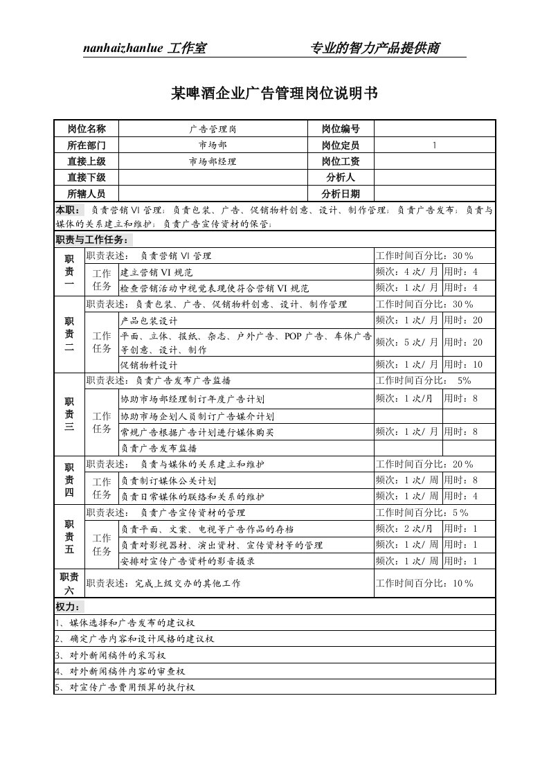 某啤酒企业广告管理岗位说明书